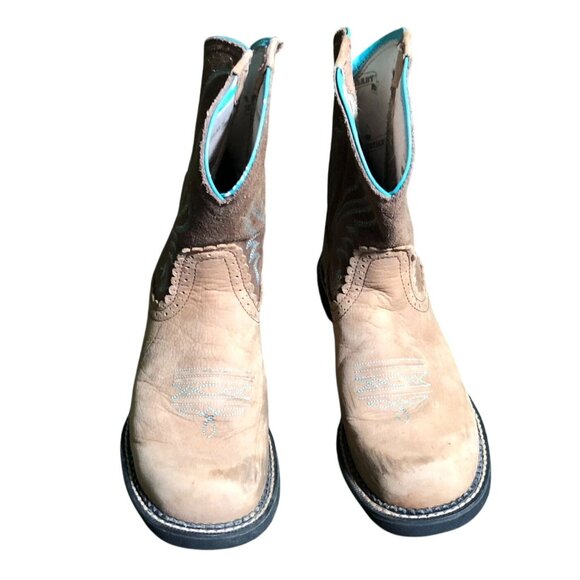 Ariat Womens Fatbaby Heritage Western Cowboy Boots 10B Suede Tan Blue Pull On - Picture 1 of 16